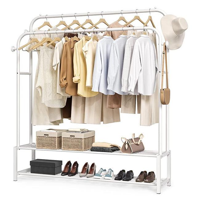 JOISCOPE Double Rods Portable Garment Rack for Hanging clothes, Space Saving Clothing Rack, Freestanding Hanger with Bottom Shelves and 4 Hooks, Heavy Duty Clothes Rack for Bedroom, 43inch, White