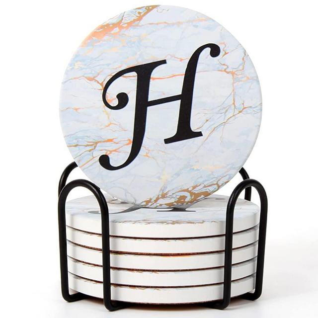 Monogrammed Coasters for Drinks Absorbents with Holder, Set of 6 Ceramic Marble Style Drink Coaster With Cork Base,Personalized Coasters Customizable With Name, Initial Letter H