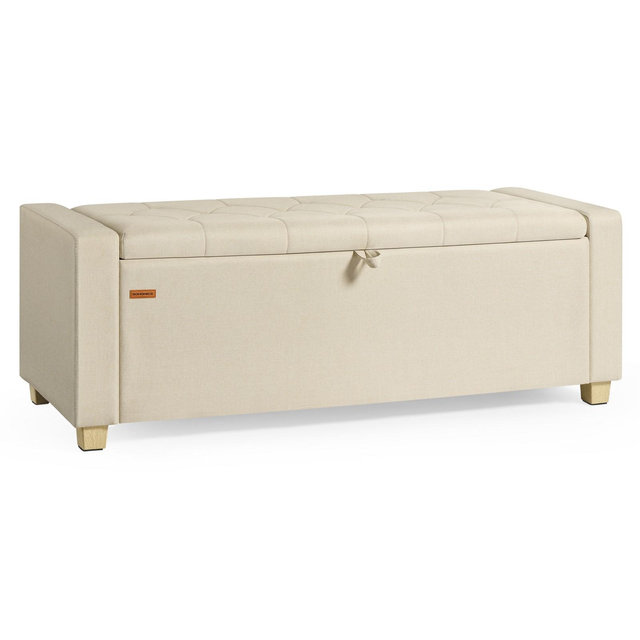 SONGMICS Storage Ottoman, Storage Chest Bench with Legs, End of Bed Bench with Safety Hinges, Pull Tab, Linen-Look Fabric, Summer Sand