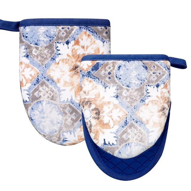 Alselo Mini Silicone Oven Mitts, Heat and Slip Resistant Kitchen Mittens 2-Pack Set, Vintage Carpet Flower Short Soft Oven Gloves, Flexible Thick Pot Holders for Safe Cooking Baking and (Dusty Blue)