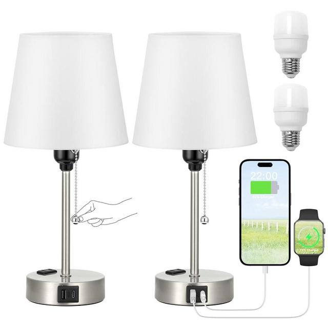 Bedside Lamps for Bedrooms Set of 2 Nightstand - Table Lamp with 3 Color Modes 2700K-5000K, Small Lamp with USB C+A Charging Port and AC Outlet, White Lamp for Side Table, Silver Mini Bed Side Lamp