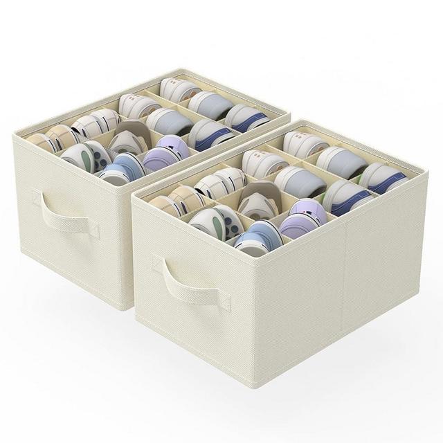 GUOHNHE 2 Pack Cube Shoe Organizer, Fits Up to 24 Pairs, Foldable Space-saving Storage Container Bins, Closet Organizers System with Reinforced Handles, 16.5 x 12.6 x 10.2 In, Beige, XSNX02BE-2