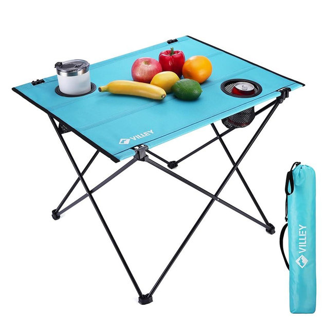VILLEY Folding Camping Table, Lightweight Portable Beach Table with 2 Cup Holders & Carry Bag for Camping, Beach, Fishing, Travel, and Outdoor Activities (Large)