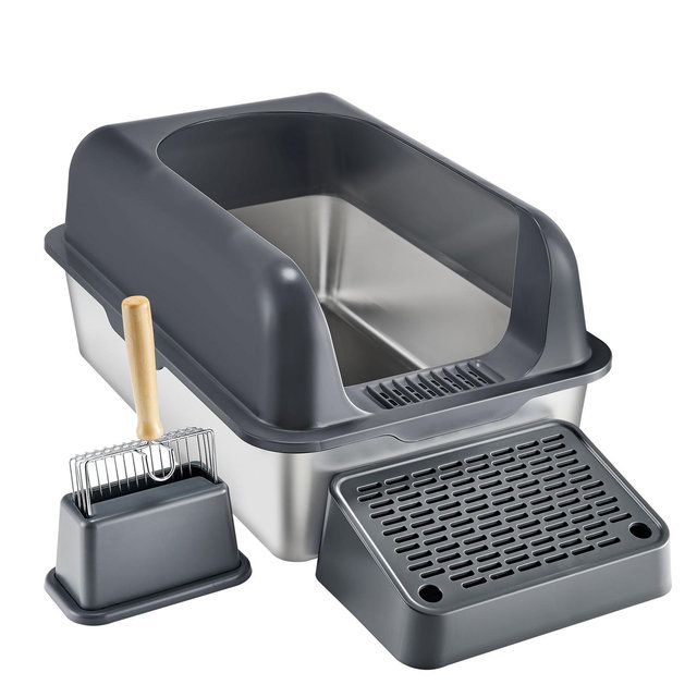 VEVOR Cat Litter Box, 6 inches Deep, XL Extra Large Stainless Steel Cat Litter Box with Scoop, Wide Filtering Foot Board & High Sides