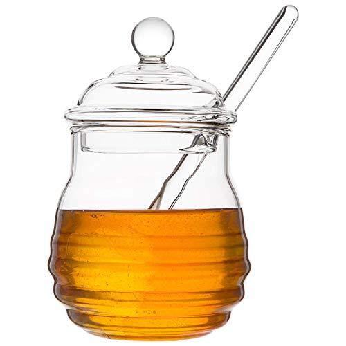 Mkono Honey Jar with Dipper and Lid Glass Beehive Honey Pot for Home Kitchen,9 Ounce,Clear