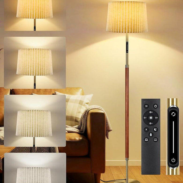 OUTON Wood Floor Lamp, Mid Century LED Modern Dimmable Standing Lamp with Remote & Touch Control, 4 Color Temperatures, Tall Floor Lamps for Living Room, Bedroom, Office, Walnut