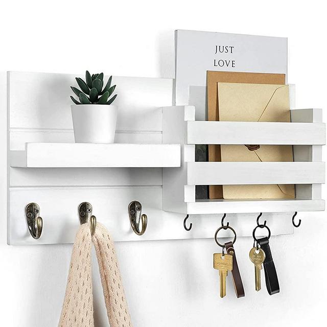 Lwenki Mail Organizer for Wall Mount – Black Key Holder with Shelf Includes Letter Holder and Hooks for Coats, Dog Leashes – Rustic Wood with Flush Mounting Hardware (16.5” x 8.7” x 3.5”) (White)