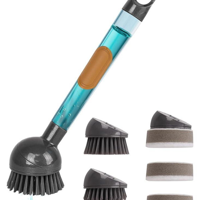 Soap Dispensing Dish Brush Storage Set with 360° Rotating Head, Kitchen Brush with 2 PCS Different Brush Heads & 3 PCS Sponges, Dish Brush Set with Handle for Dishes, Sink, Pans, Pots