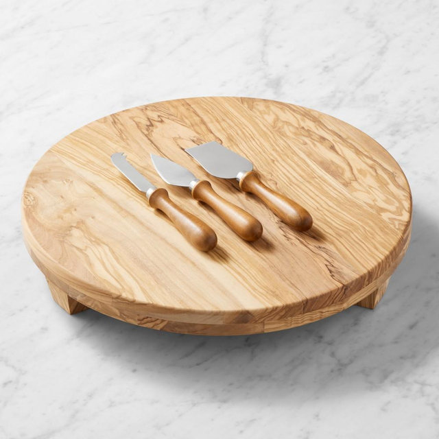 Olivewood Round Footed Pedestal with Cheese Knives