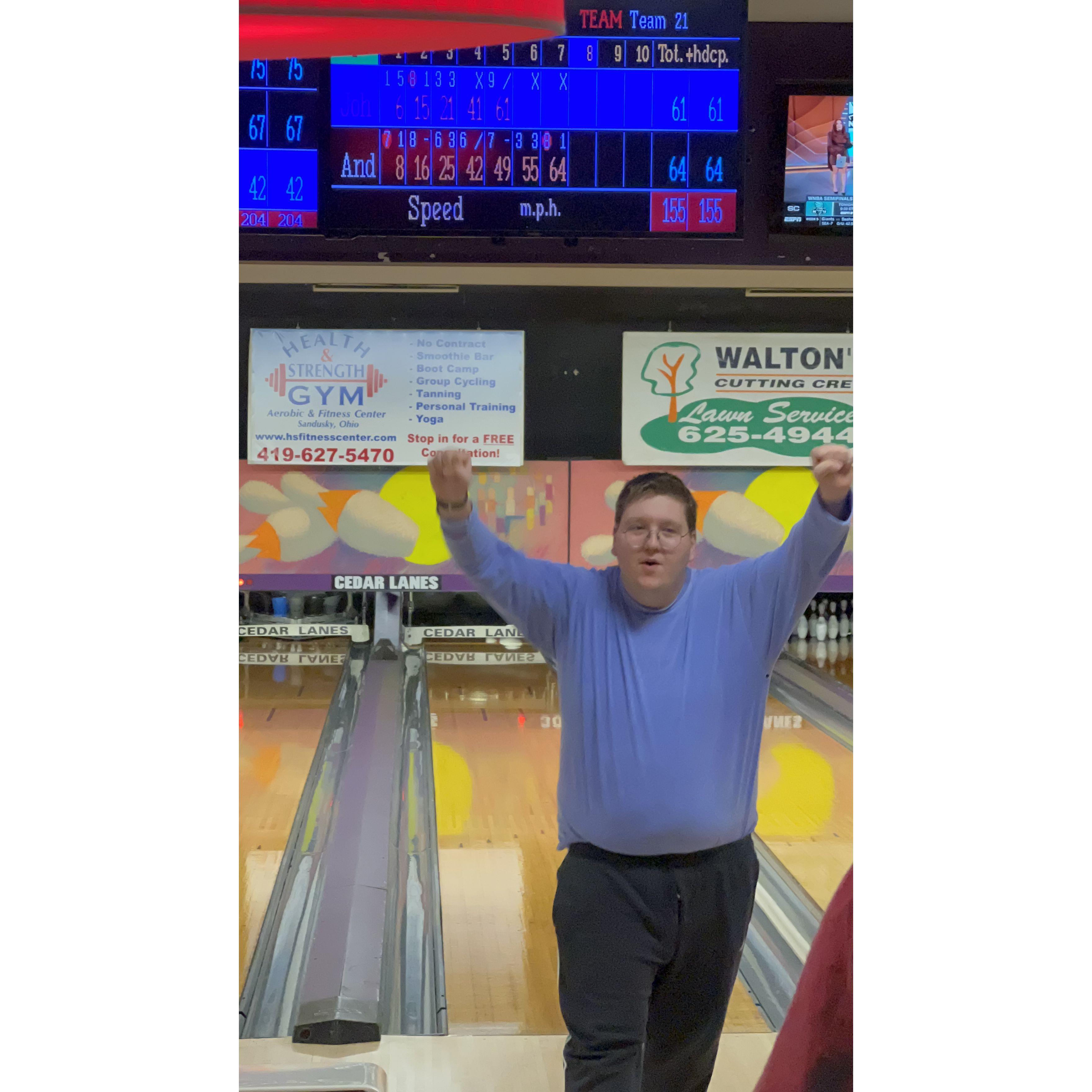 Watching John bowl on Friday nights was a treat this year. He has some real power behind his throw. I almost feel bad for the pins when he throws a strike. Poor working conditions for them.