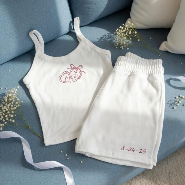 Embroidered Custom Initials Heart Locket Bride Pjs, Personalized Mrs Tank And Shorts Set, Bridal Shower Outfit, Engagement Gift for Her
