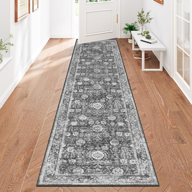 Capslpad 2x8 Boho Hallway Runner, Dark Grey Vintage Ultra Soft Fabric Washable Runner Rug, Non-Slip Rubber Backing, Stain Resistant Low Pile Runners for Hallways, Kitchen, Entryway, Bedroom, Laundry