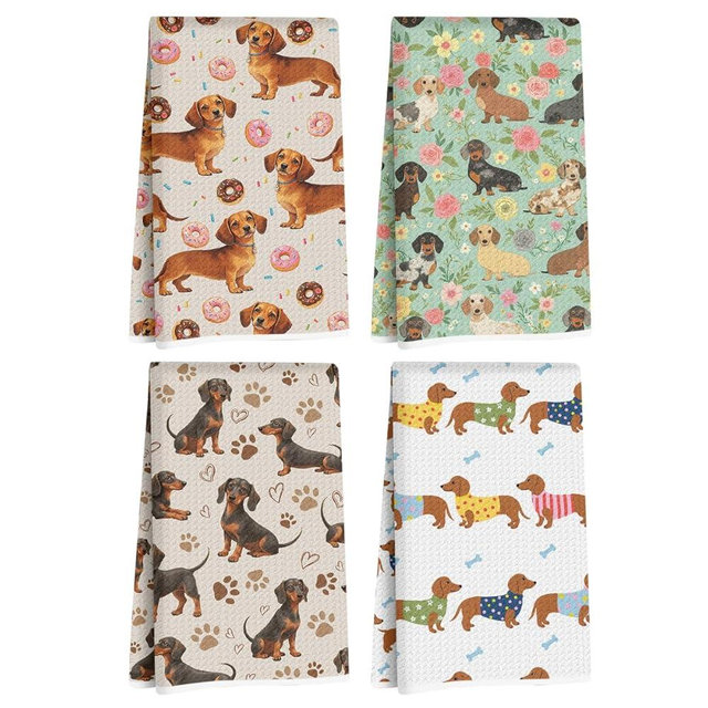4 Pcs Cute Dachshund Kitchen Towels 24x14 Inch, Dachshund Gifts Reusable Dish Towels for Kitchen Bathroom Decor, Weiner Dog Floral Donuts Hand Cloth Tea Towel, Cute Dog Gifts for Women Mom Friend