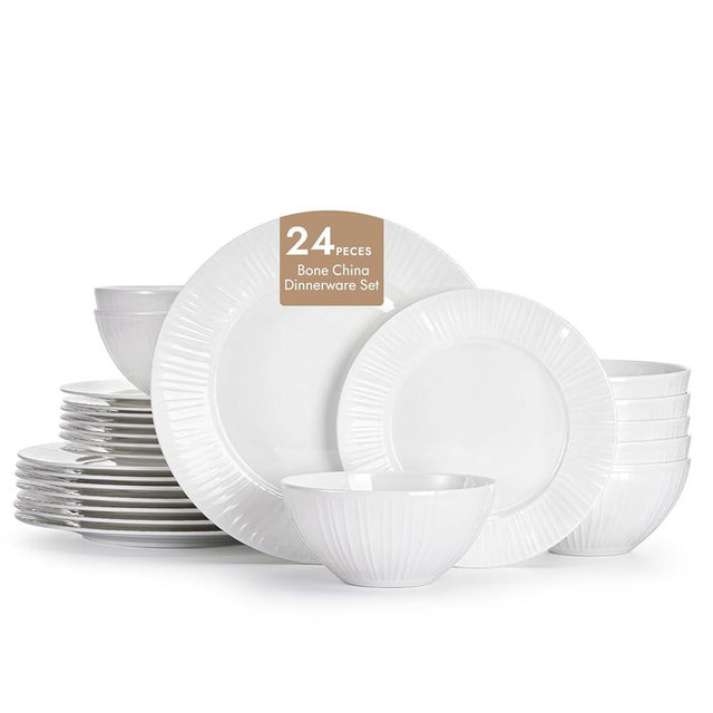KINGSTONE Bone China Dinnerware Set, 24-Piece White Lightweight Porcelain with Textured Design Service for 8, Plates, Bowls, for Family Dining, Restaurants, Gifting，Microwave and Dishwasher Safe