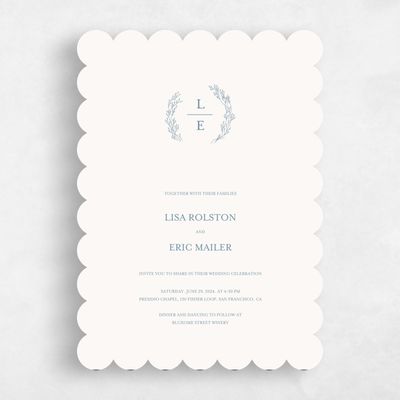 Blue Scalloped Wedding Invitation - Merrion Wreath
