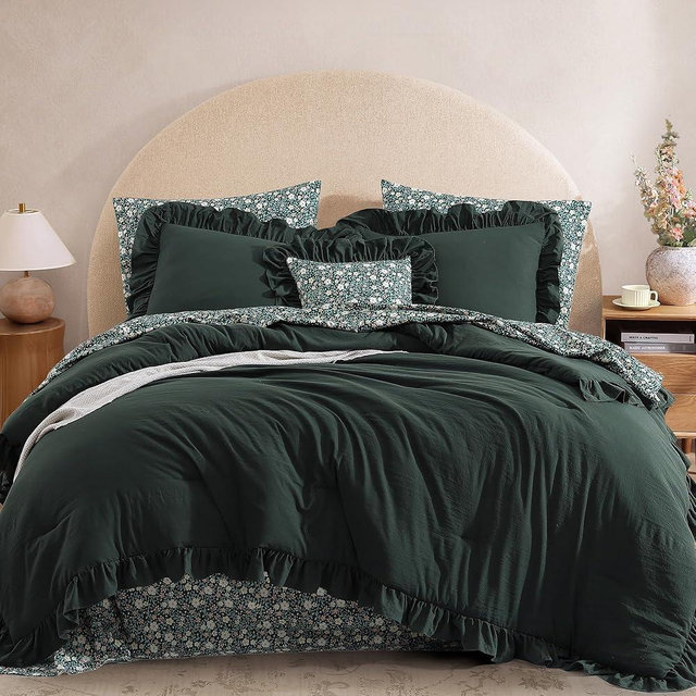 BLOOMHAVEN Queen Comforter Set - 7 Pieces Ruffle Forest Green Bedding Sets, Shabby Chic Farmhouse Bed in a Bag with Ruffle Comforter, Floral Sheets, Pillowcases & Shams
