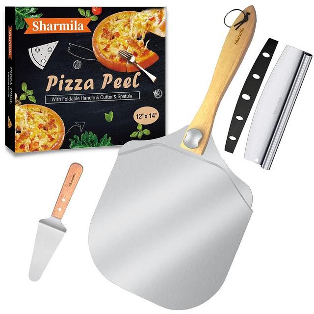 Sharmila Pizza Peel 12 Inch Aluminum Pizza Paddle with Foldable Wooden Handle,Pizza Rocker Cutter,and Metal Pizza Spatula-Ideal for Family Pizza Oven Baking,Dough,Bread & Pastry