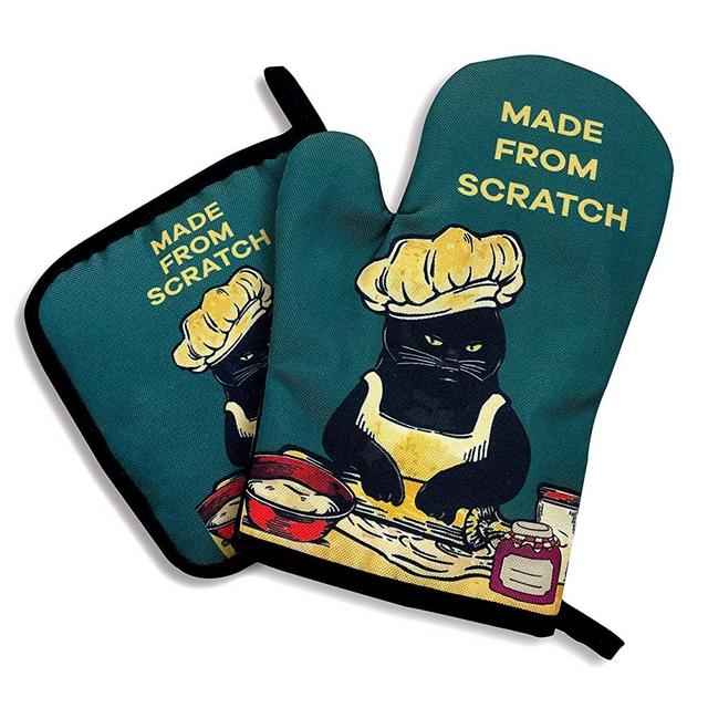 Made from Scratch，Oven Mitts and Pot Holders Sets of 2，Funny Oven Mitt，Friend Birthday Gift，Cat Lover Gift，Birthday Gift for Cat Owner，Cat Lover， Cat Mom