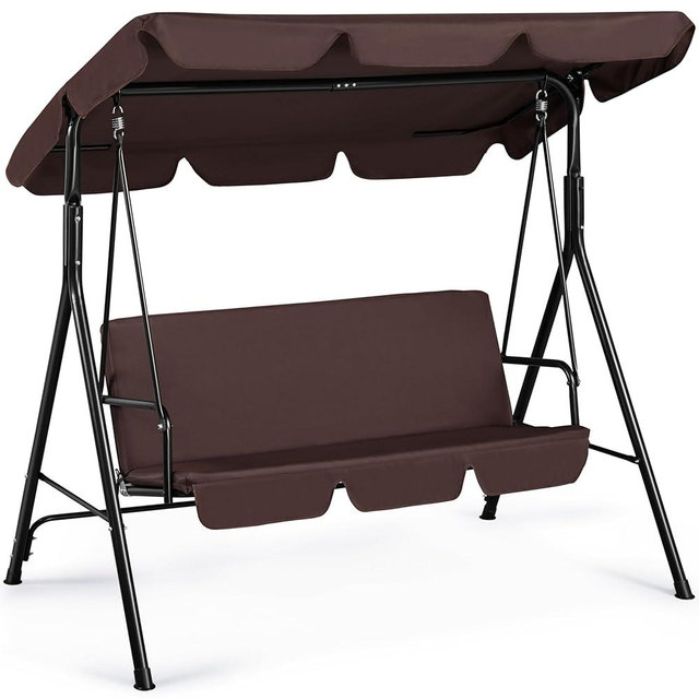 Yaheetech 3-Seat Patio Swing Chair, Outdoor Canopy Swing Porch Swing with Adjustable Canopy & Removable Cushion, Hanging Swing Glider Lounge Chair for Patio, Garden, Yard, Porch - Dark Brown