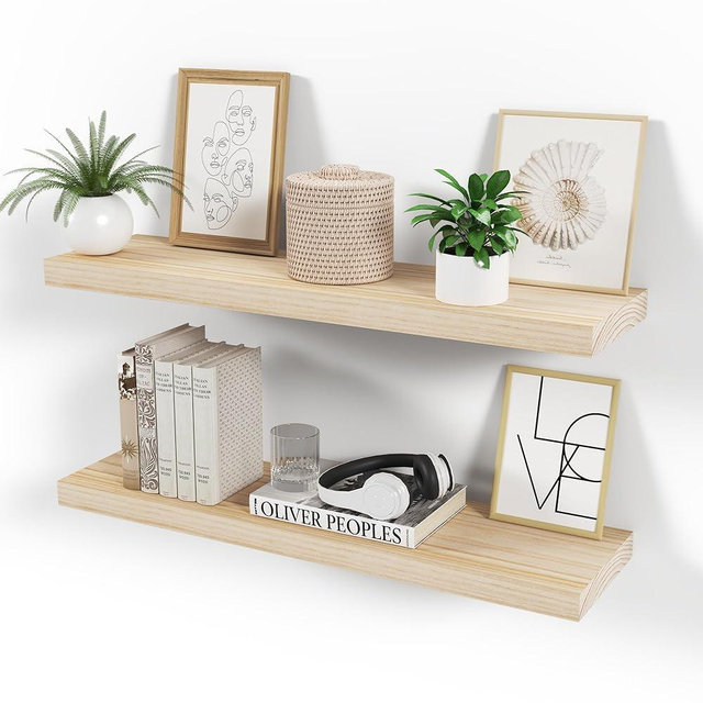 Vivelove Floating Shelves for Wall, Bathroom Bedroom Kitchen Book Shelf, Rustic Wooden Home Decor Plant Display, Rustic Shelf 24 inch,Mounted Invisible Bracket, Unfinished - No Stain - DIY, Set of 2