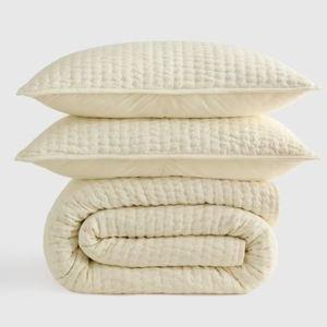 European Linen Cotton Stitch Quilt Set - Ivory, Full/Queen