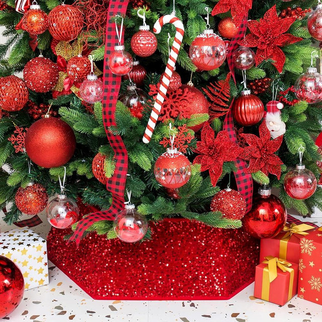 XmasExp Christmas Tree Collar, 33.5 inch Sequin Tree Skirt Stand Base Cover for Home Decor, Large Size 6 Piece, Red