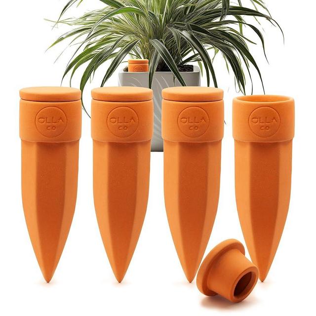The Olla Company Plant Watering Spikes with Lids - Ideal for 5”-9” Pots - Vacation Friendly - Terracotta - Medium - Set of 4