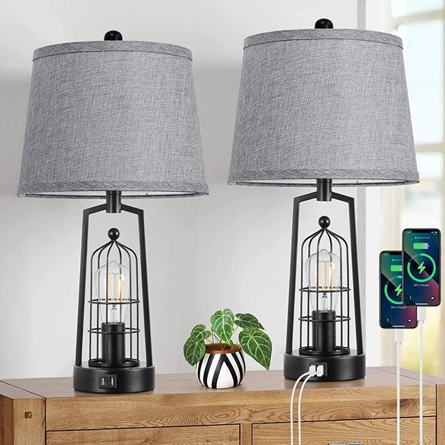 Farmhouse Table Lamps with 2 USB Ports, Set of 2 Rustic Industrial Desk Lamp for Living Room, Multi Brightness Black Bedside Lamp, Bedroom Nightstand Lamp with Gray Lampshade for House Decor, Reading