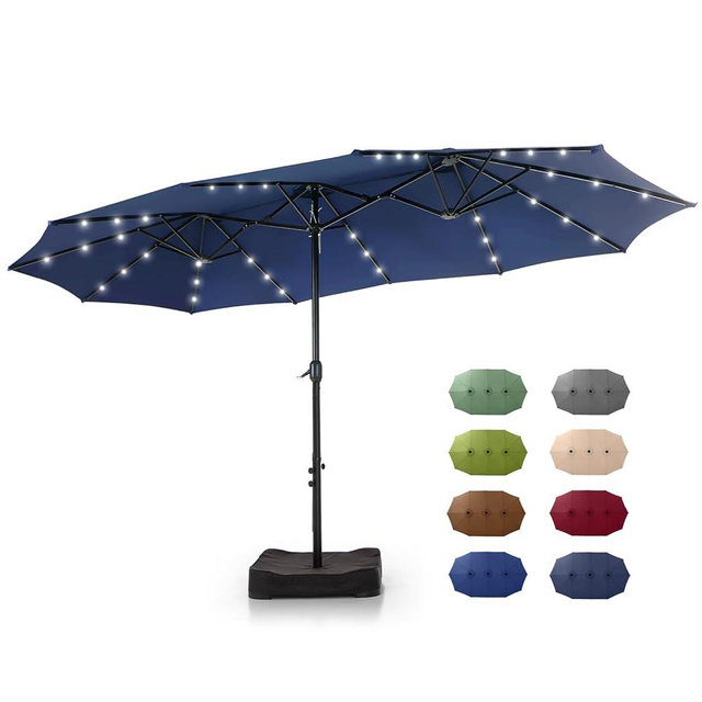 GREEN PARTY 15 ft Rectangle Patio Umbrella with Solar Lights and Base Included, Double-Sided Market Table Umbrella with Crank, Large Outdoor Umbrellas for Patio Poolside Garden Backyard