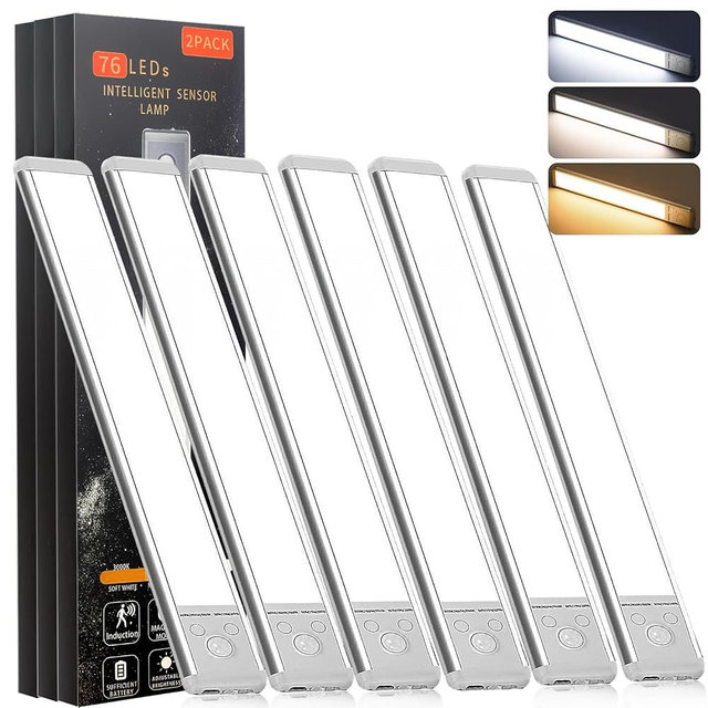 6 Pack Under Cabinet Lighting Rechargeable Wireless Sensor Light Indoor with 3 Color Temps & Dimmable 76 Led Lights,Magnetic Under Counter Lights Decorative Light for Kitchen/Stairs/Bedroom (9.5In)