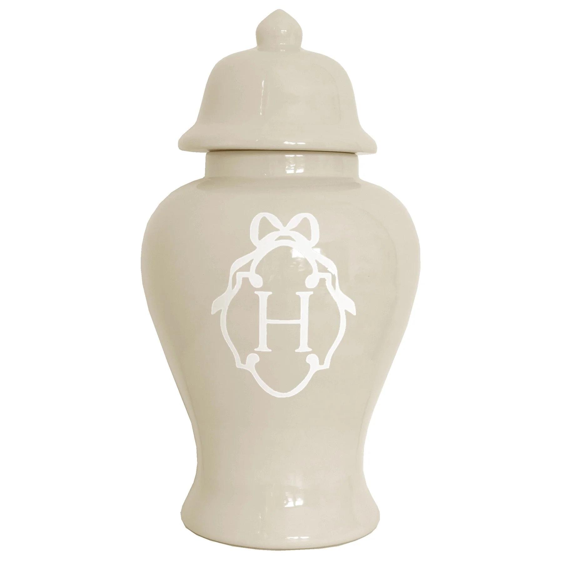 “B” Bow Monogram Ginger Jar in Beige - Large Jar