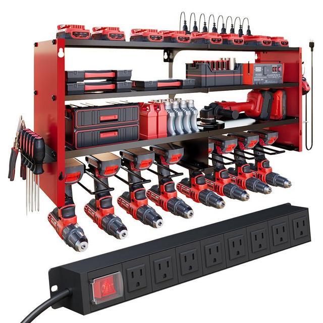 4 Layers Power Tool Organizer Wall Mount with Power Strip, Heavy Duty Metal Shelf, 400lbs Capacity for Cordless Drills, Batteries & Garage Storage (8 Slots with 8 Outlets Power Strip)