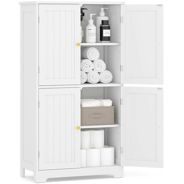 TidyHaven 44.5" Bathroom Storage Cabinet, Freestanding Floor Storage Cabinet with 4 Doors, Waterproof Base, Adjustable Shelves Modern Cupboard for Bathroom, Kitchen (White 23.6" W)