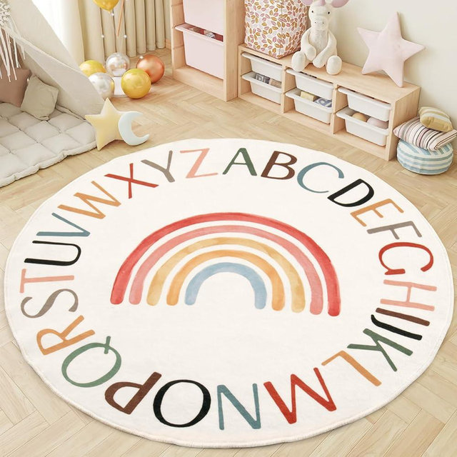 Truqual Nursery Rug Round Rainbow Classroom Rug Elementary, Non-Slip Rainbow Rug for Girls Room, Extra Large Learning Carpet for Kids Playroom, Circle Play Mat for Toddlers