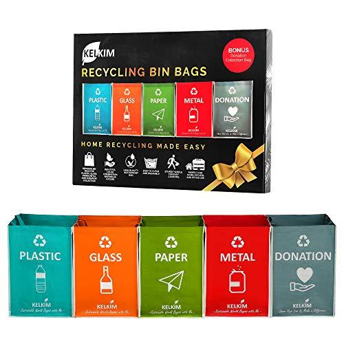 Recycling Bin Bags + Donation Bag for Home Kitchen Office | Portable Indoor Recycle Waste Organizer | Waterproof Garbage Containers | Separate Recyclable Trash Sorting Bin | Big Compartment 5 Bags Set