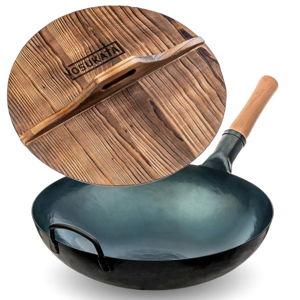 YOSUKATA Blue Carbon Steel Wok 14-inch+Wooden Wok Lid