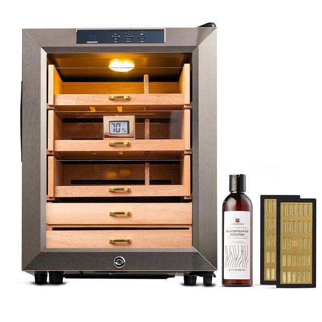 Woodronic Cigar Cooler Humidor for 250 Counts, 33L Electric Cigar Fridge for Temperature Control, Spanish Cedar Lined Shelves with Dividers, Digital Hygrometer, Humidifiers and Humidor Solution