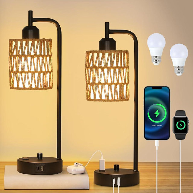 Stepeak Rattan Table Lamps for Living Room Set of 2, Boho Bedside Lamps with LED Bulbs, USB Charging Ports and Outlet, Farmhouse Nightstand Lamp with Woven Shade, Black Desk Lamp for Bedroom Office