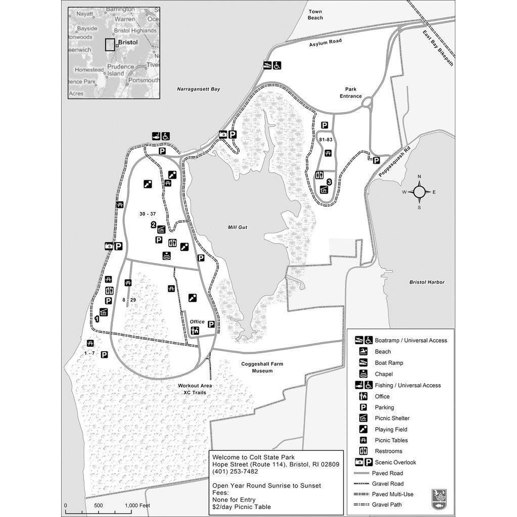 Here is a map of Colt State Park. If it is not clear enough, please go to: http://www.mobilemaplets.com/showplace/7752