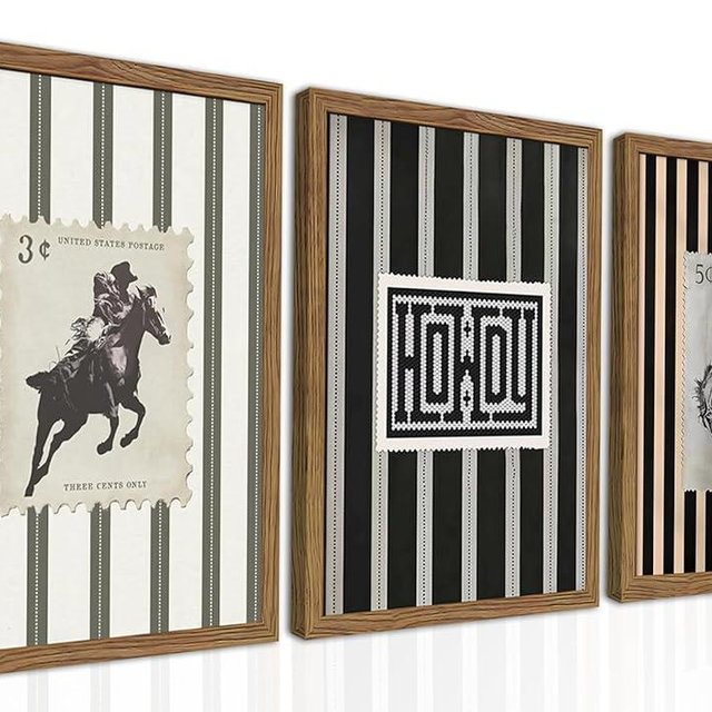 Framed Vintage Western Cowboy Wall Art Set of 3, Retro Cowboy Stamp and Stripe Prints, Classic Mid Century Riding Canvas Artwork, Rural Western Wall Decor for Living Room Bedroom Office 12x16in