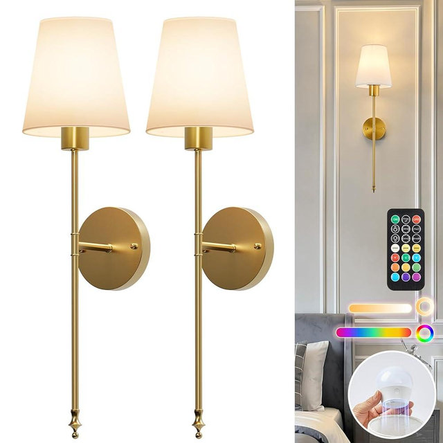 Brightown Battery Operated Wall Sconce Set of 2,Wireless Rechargeable Wall Lights with Dimmable Magnetic Bulbs and Remote for Living Room，12 Colors Gold Wall Lamp for Bedroom Hallway Decor