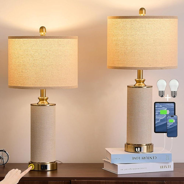 wangpengkai Gold Farmhouse Rattan Table Lamps Set of 2, Touch Control Desk Lamps, 3 Way Dimmable Grass Rope Large BedsideTable Lamp with USB A+C for Living Room/Bedroom/Office(2 LED Bulbs Included)