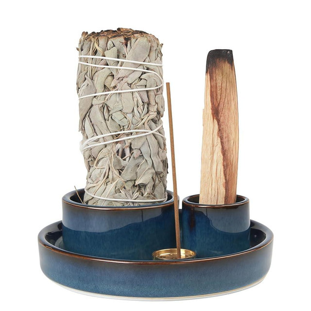 4 in 1 Incense Holder, Palo Santo Stick Holder,Sage Holder for Burning- 4.25" Sage Incense Holder for Meditation Room Home Decor (Blue Reactive)