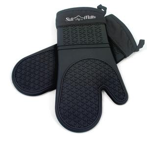 Black Silicone Oven Mitts - 1 Pair of Extra Long Professional Heat Resistant Potholder Gloves - Oven Mitt Set of 2