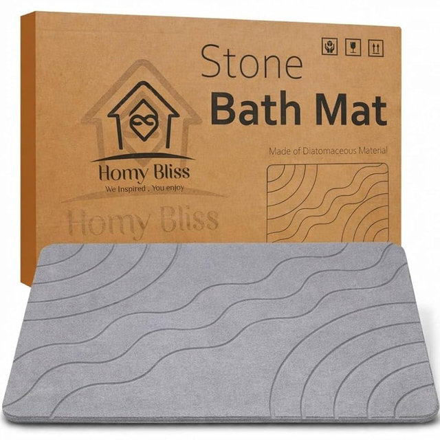 HOMY BLISS Stone Bath Mat Quick Drying Diatomaceous Earth Bath Mat Non Slip Shower Mat Super Absorbent Stone Bath Mats for Bathroom, Floor, Kitchen Counter, Easy to Clean (23.6” X 15.3”, Light Gray)
