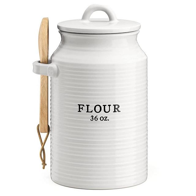 Barnyard Designs Flour Kitchen Canister, Airtight Ceramic Canister with Wooden Spoon, Decorative Flour Storage Container for Kitchen Counter, Rustic Farmhouse Decor, 5.5" x 9.75", White