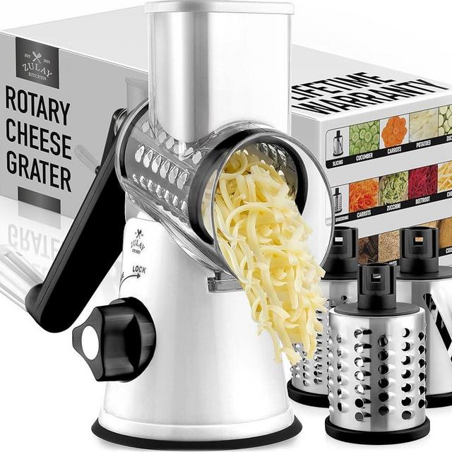 Zulay Kitchen Cheese Grater Hand Crank, Grater For Kitchen With Reinforced Suction - Rotary Cheese Grater With 3 Replaceable Stainless Steel Blades - Easy to Use & Clean - Vegetable Cutter - White