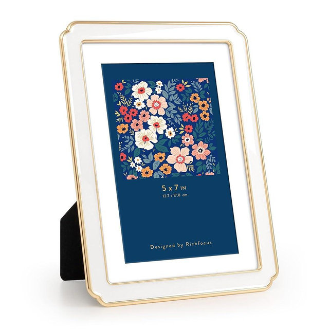 RICHFOCUS 5x7 Enamel Picture Frame with HD-Tempered Glass, Display 4x6 Photo with Mat, Ornate Photo Frame with Metal Edge & Velvet Back for Tabletop & Wall Mount Vertically or Horizontally, White