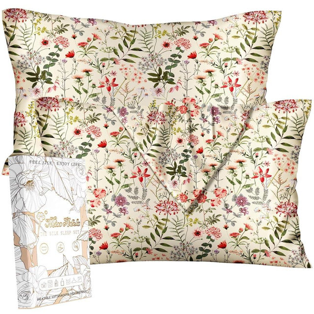 Miss Adola 2 Pack Silk Pillowcase - Standard Size 20 x 26 Inch Silky Pillow Case for Hair and Skin Soft Cute Aesthetic Bed Sleeping Pillow Cover with Zipper for Women, Flower Shrubs