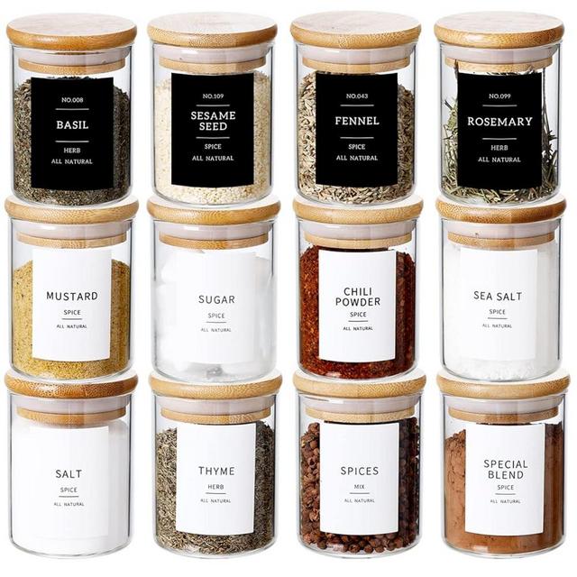 CZZGSM 12 Pcs Glass Spice Jars With 296 Spice Labels Preprinted of White and Black Color- 6oz Thicken(2.4mm) Spice Containers With Bamboo Airtight Lids - Empty Small Herb Seasoning Jars